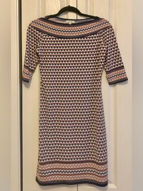 Max Studio Navy Blue Orange cream boatneck Geometric Jersey Shift Dress